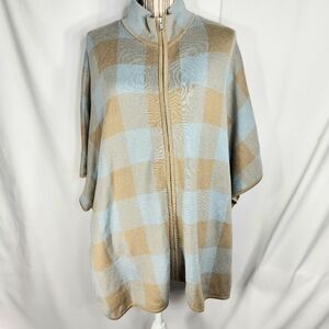 Preswick & Moore Tan & Blue Check Full Zip Poncho w/Short Sleeves Size S/M